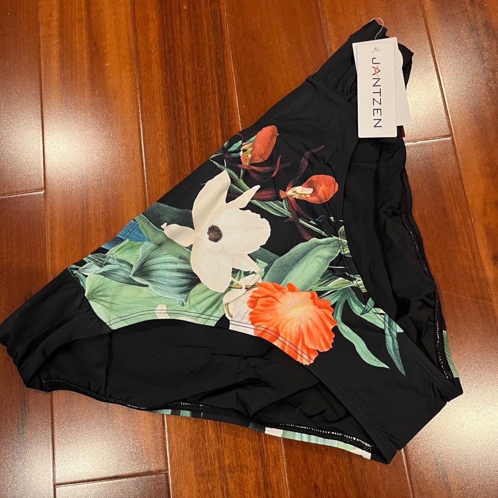 Black Floral Bikini Bottom Swim Jantzen Tropical UPF 50 Ruche Side New Size 14